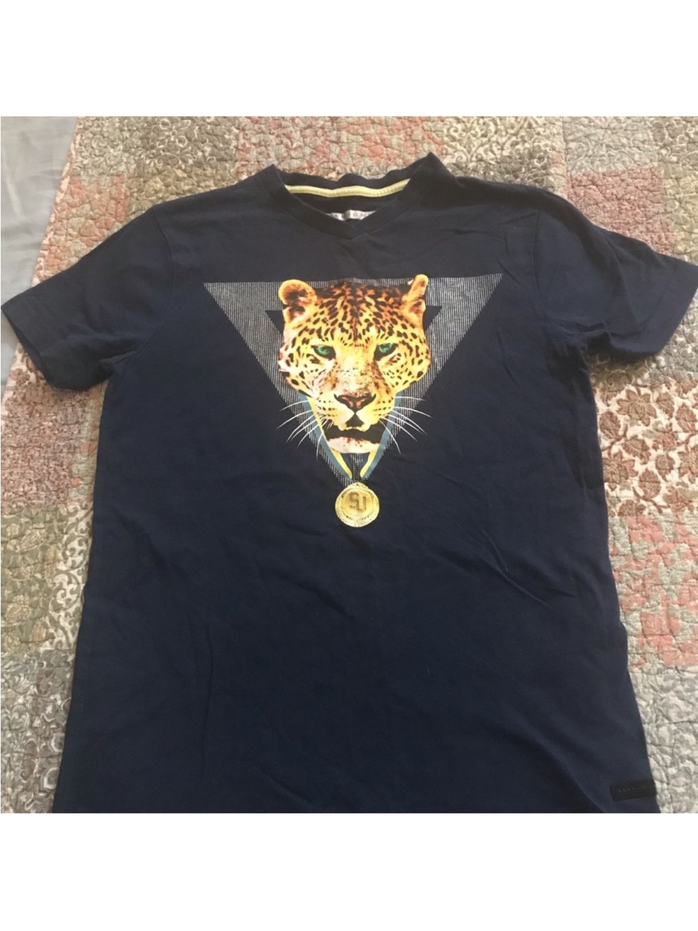 Sean John Navy Short Sleeve Tee with Leopard Head and Gold Medal Graphic